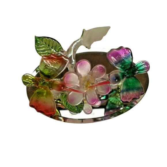 Hand Blown Glass Hummingbirds Flower Mirror Base Pink Purple Birds Figurine - Picture 3 of 10